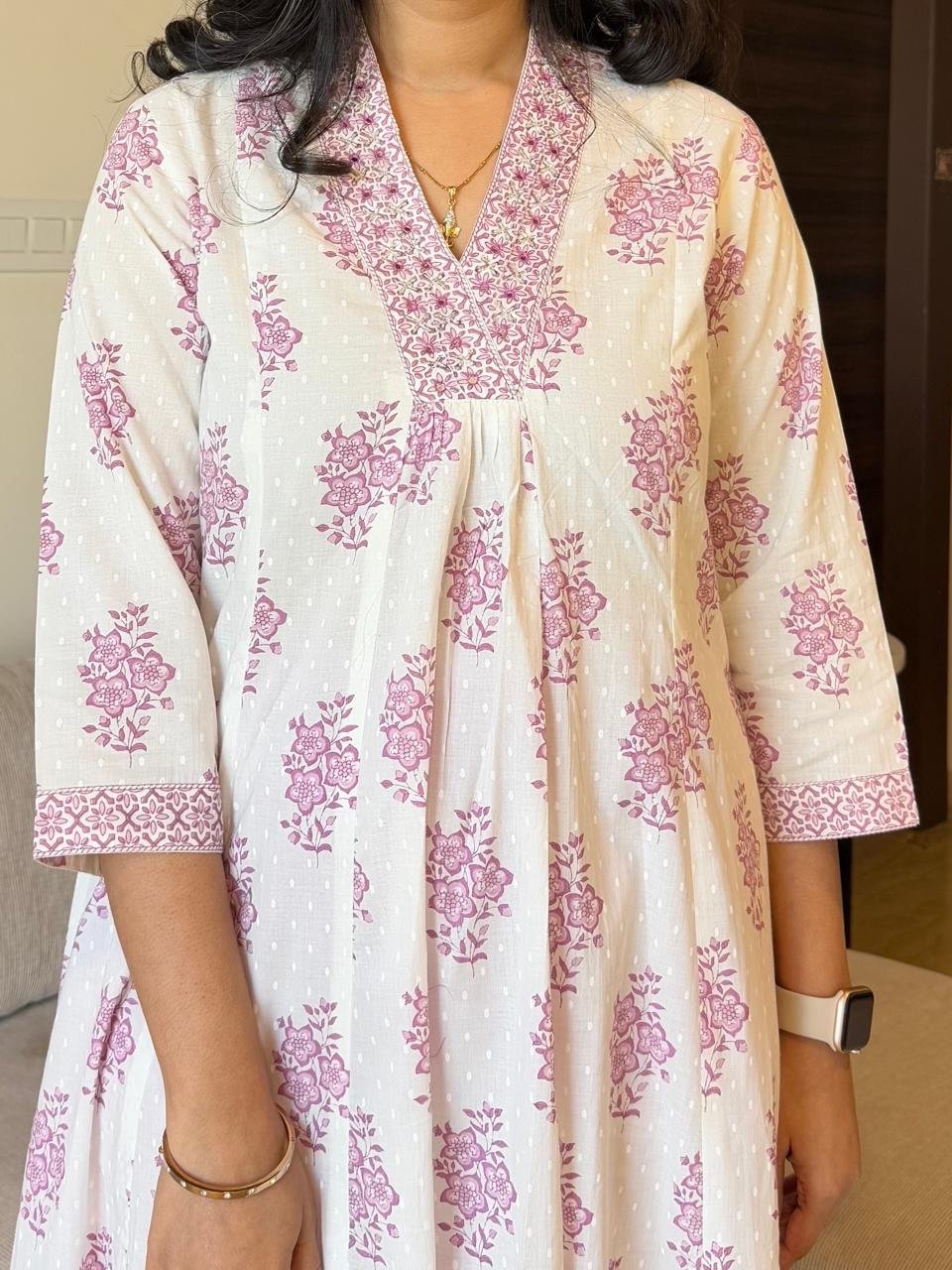 Leher Cotton Boota Flared Set- Pink