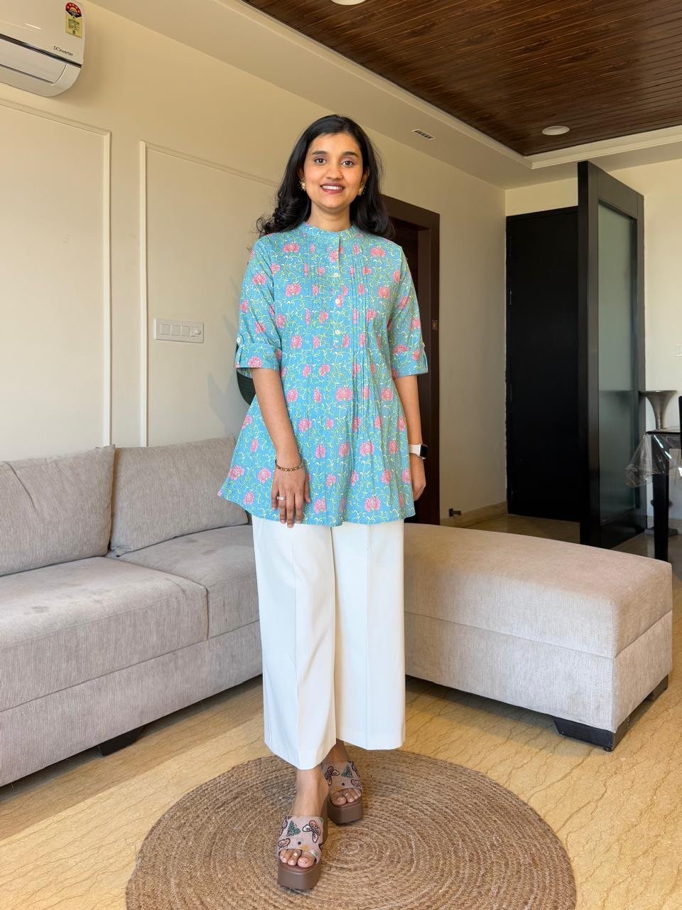 Tira Pintuck Cotton Top- Blue Florals