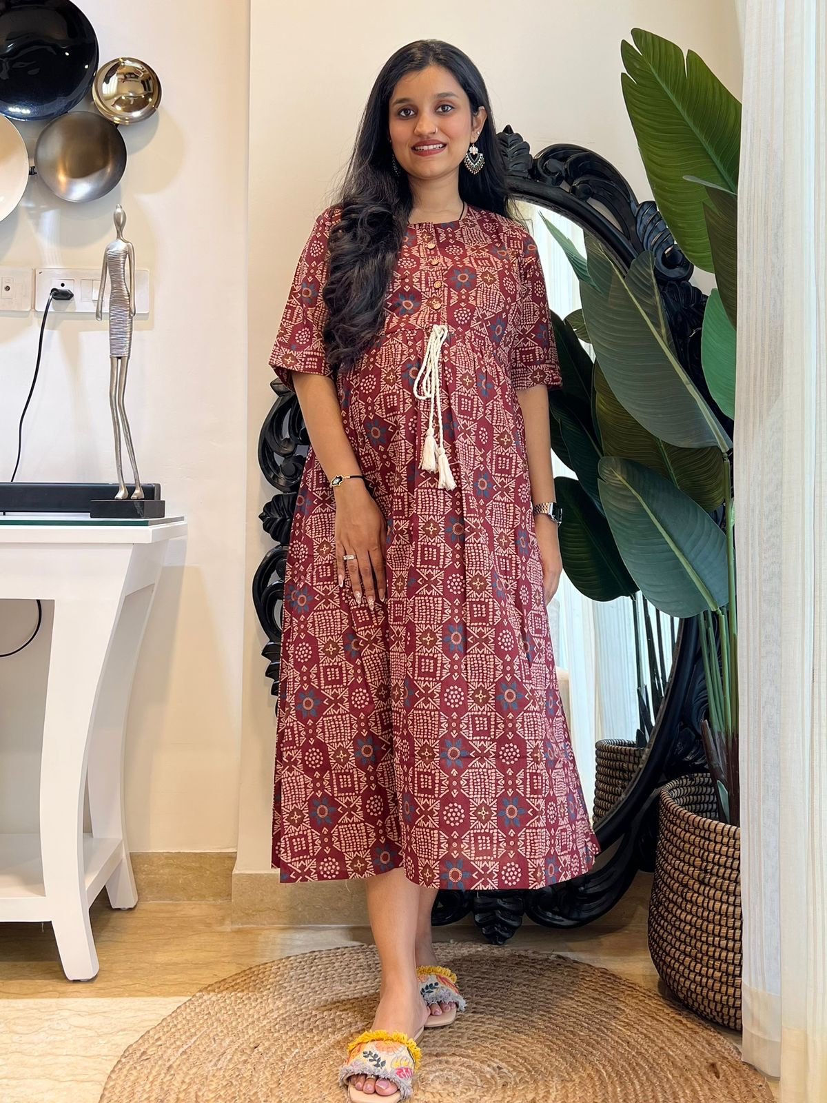 Cotton Midi Dress- M Maroon Jaal