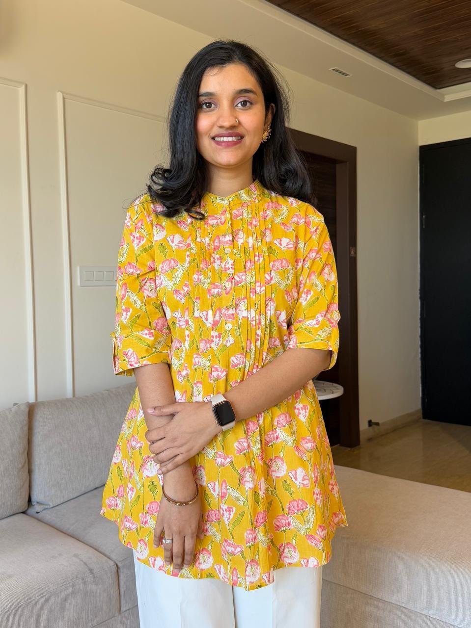 Tira Pintuck Cotton Top- Yellow Pink Florals