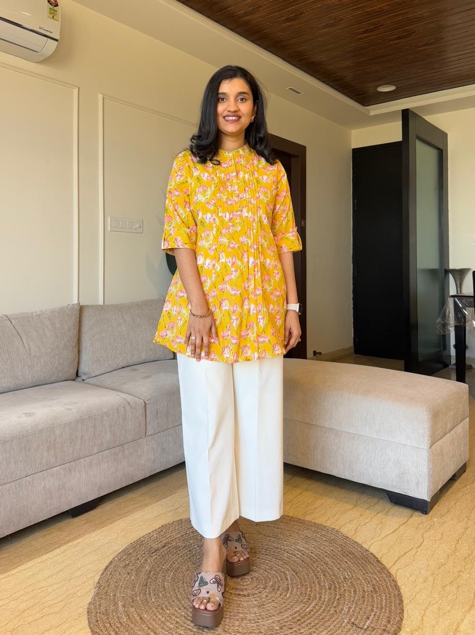 Tira Pintuck Cotton Top- Yellow Pink Florals