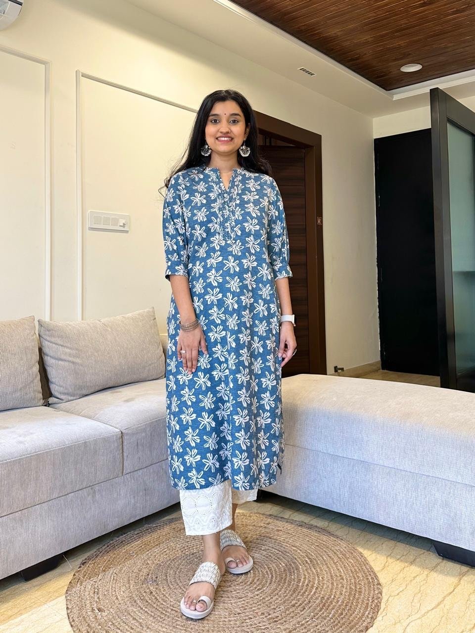 Jisha Printed Cotton Kurta- Blue