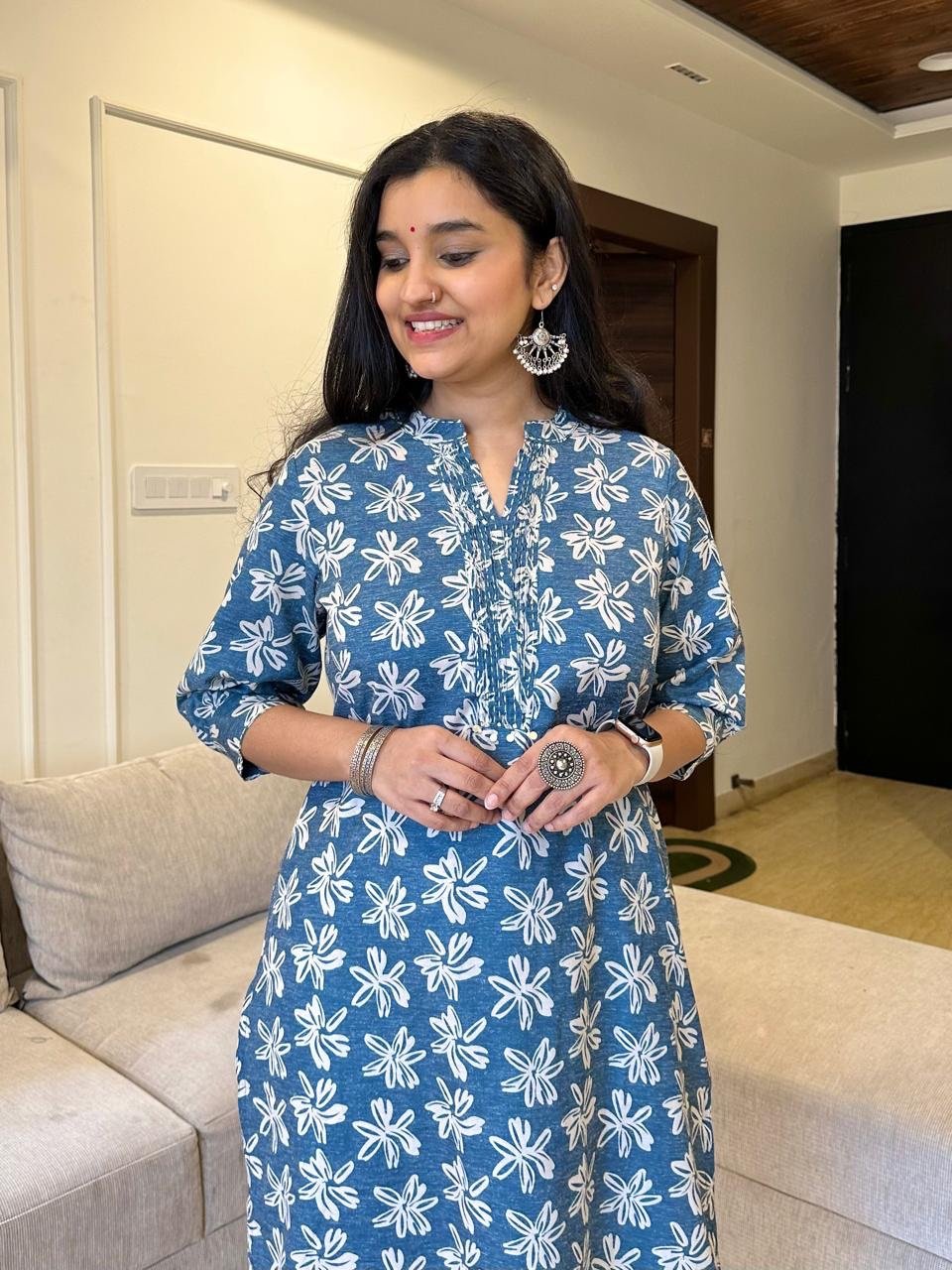 Jisha Printed Cotton Kurta- Blue