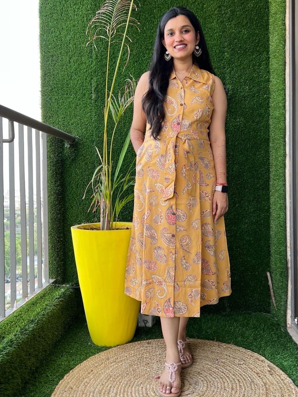 Ochre Paisley Dress with Pocket