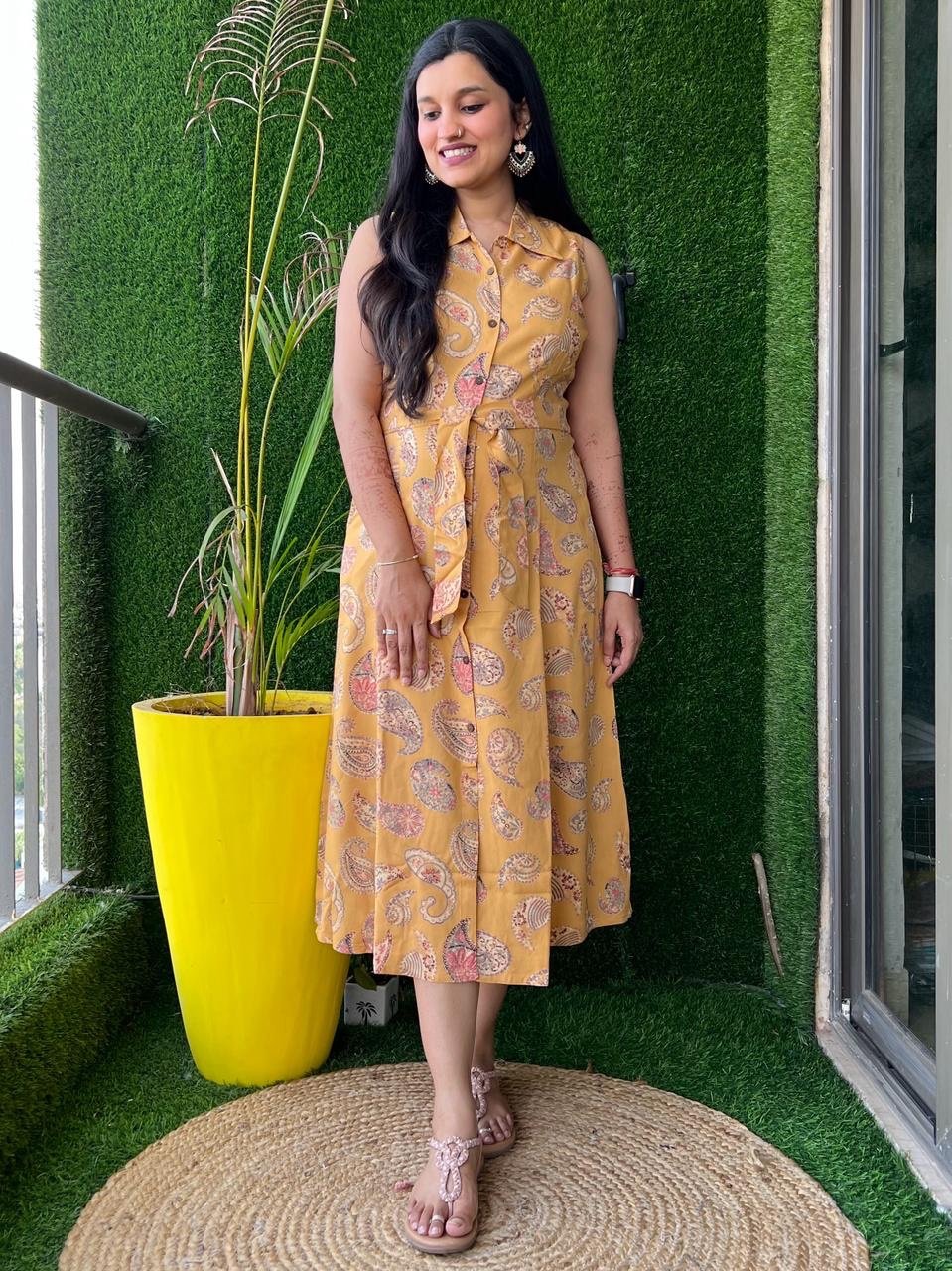 Ochre Paisley Dress with Pocket