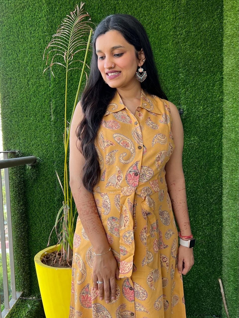Ochre Paisley Dress with Pocket