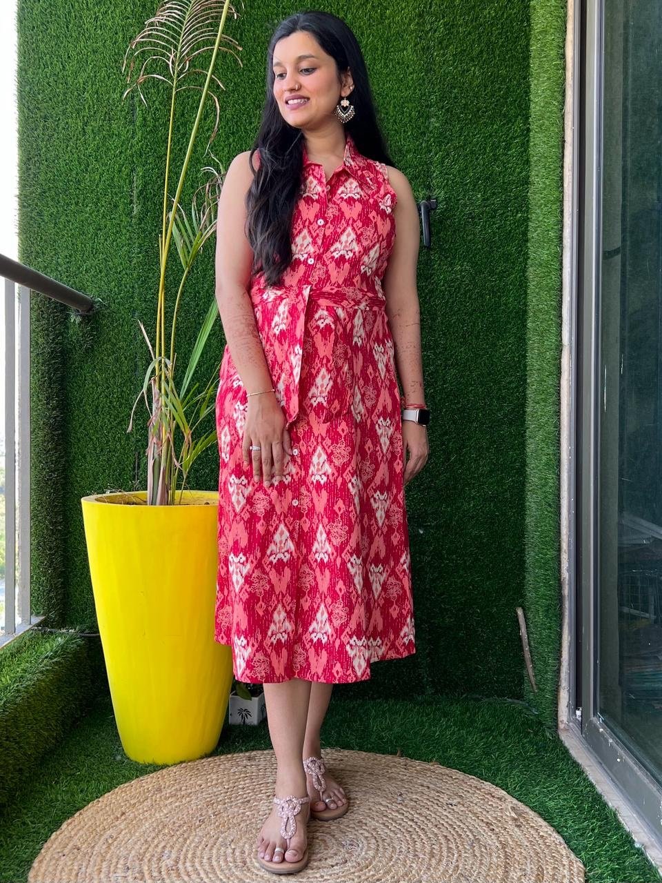 Red Motif Dress with Pocket