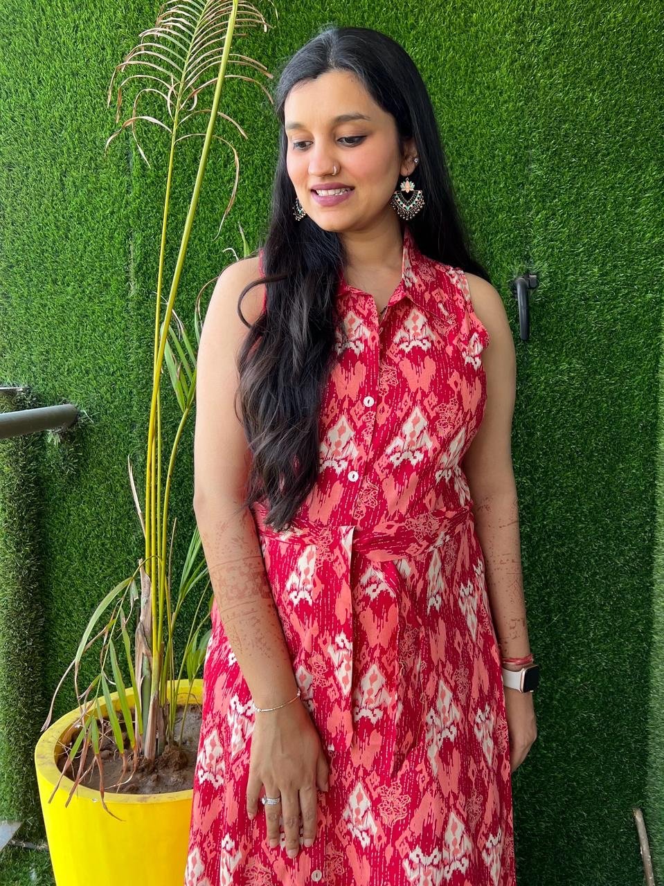 Red Motif Dress with Pocket