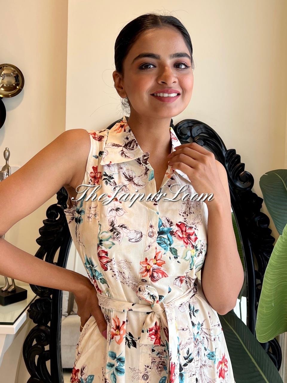 Off White Florals Dress with Pocket