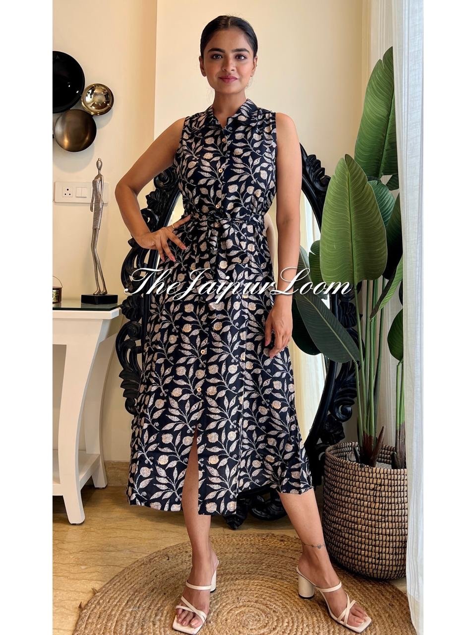 Black Leaves Dress with Pocket