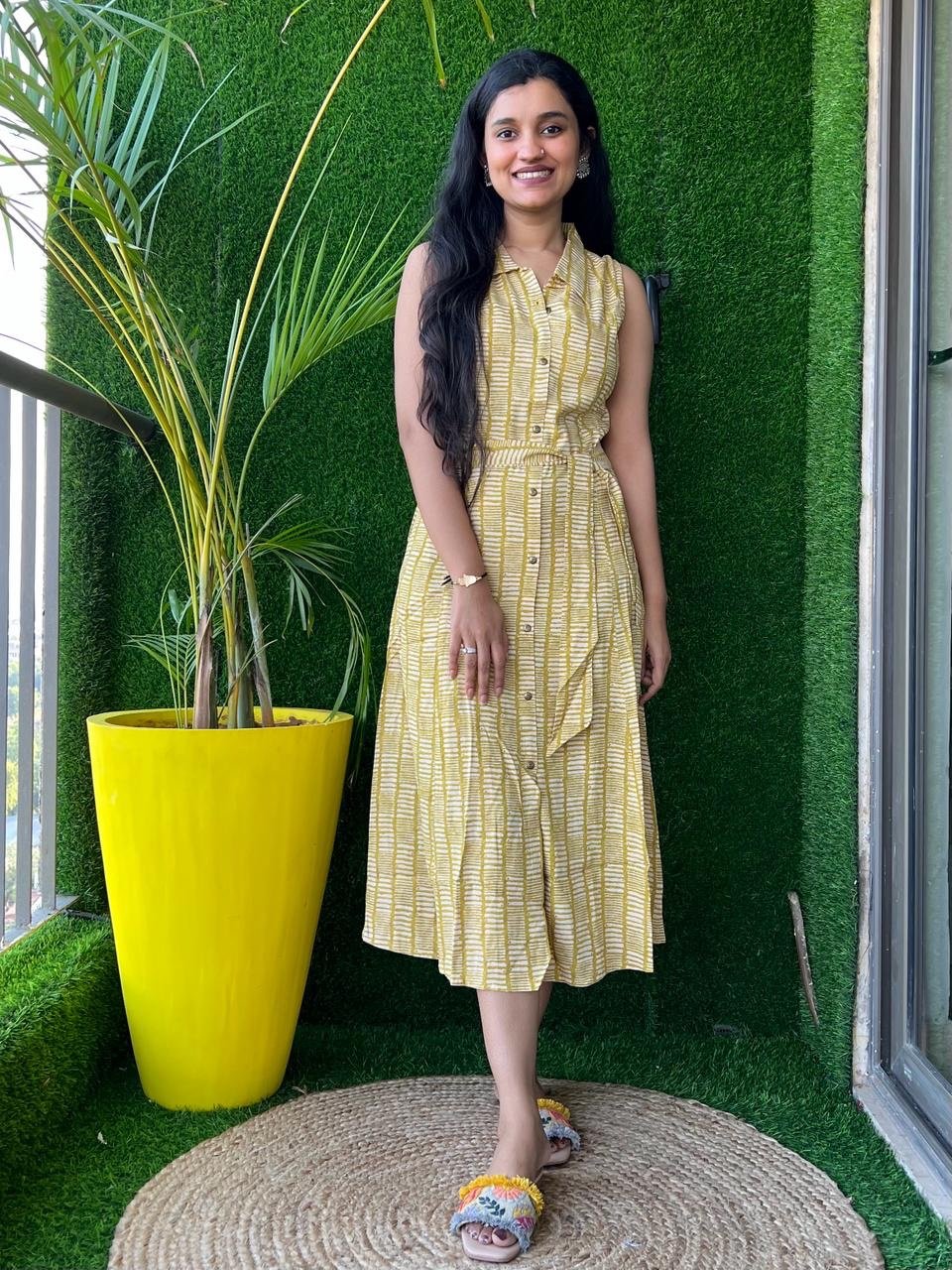 Ochre Lines Dress with Pocket