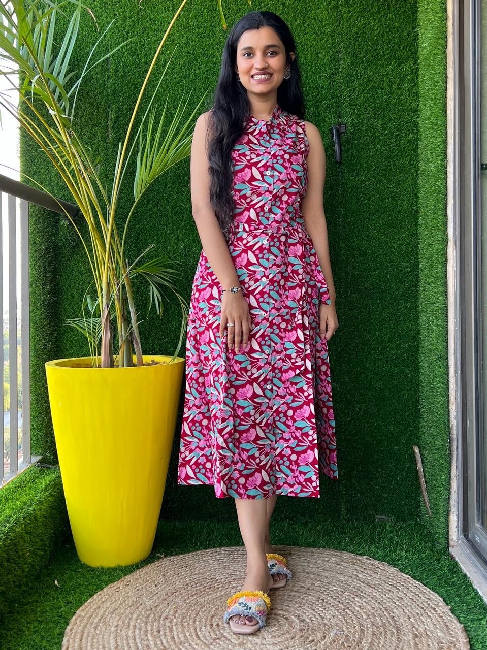 Maroon Multi Leaves Dress with Pocket