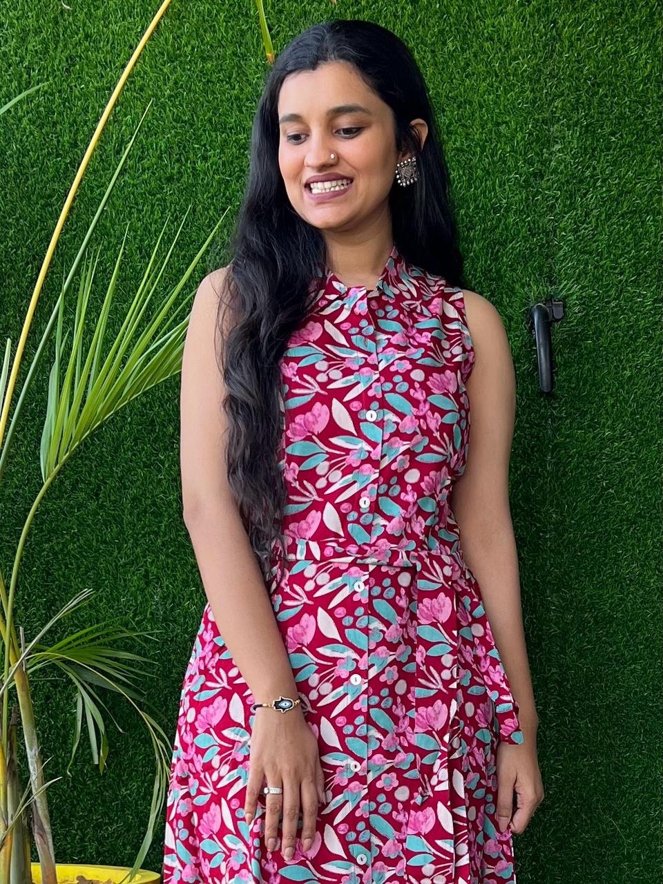 Maroon Multi Leaves Dress with Pocket