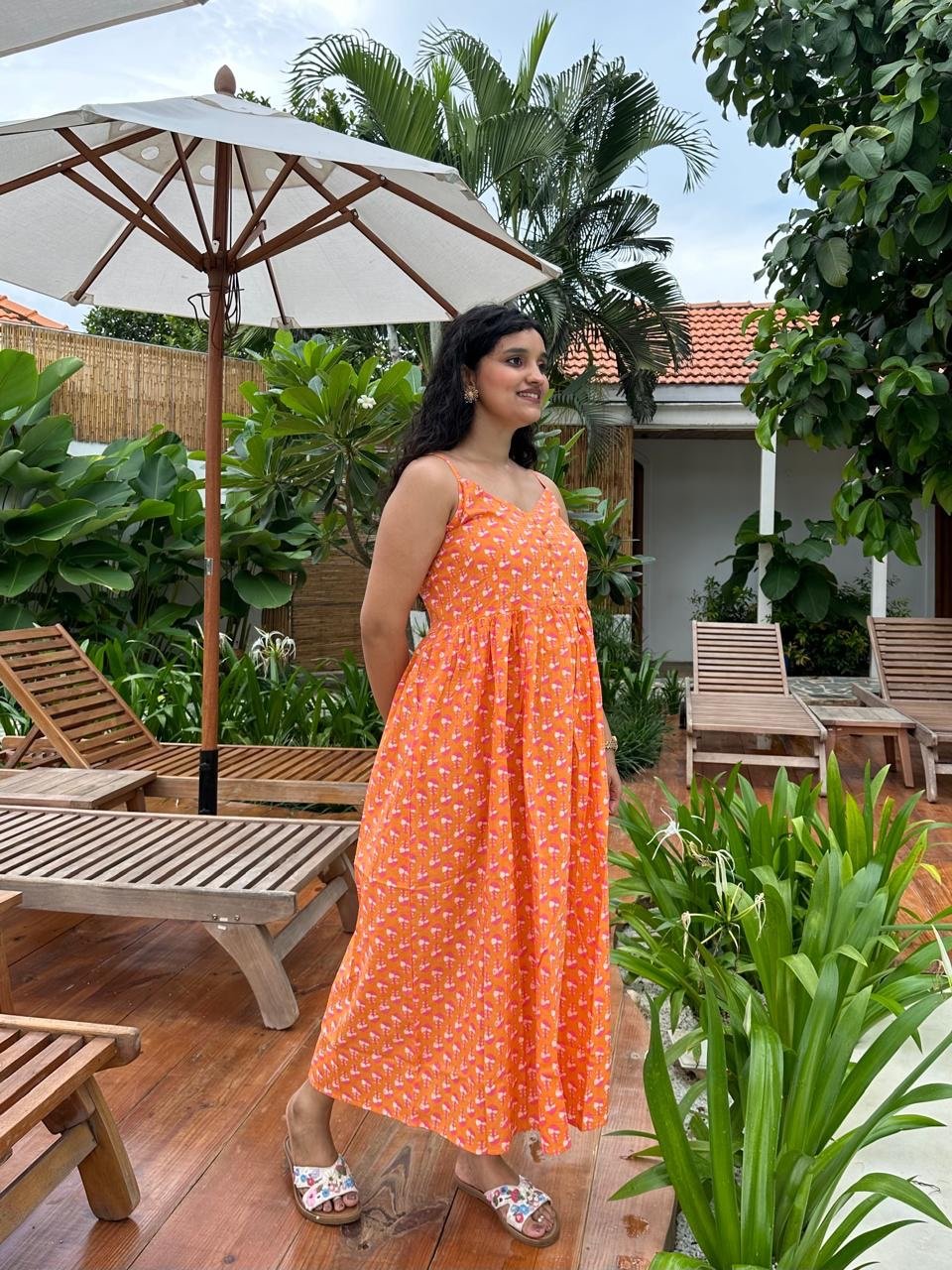 Noodle Strap Cotton Dress- Orange Booti