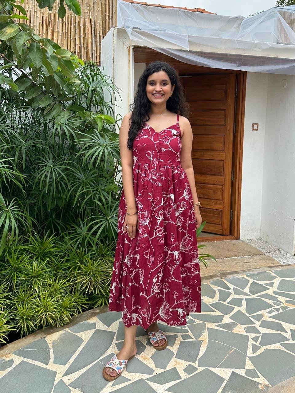 Noodle Strap Cotton Dress- Maroon Jaal