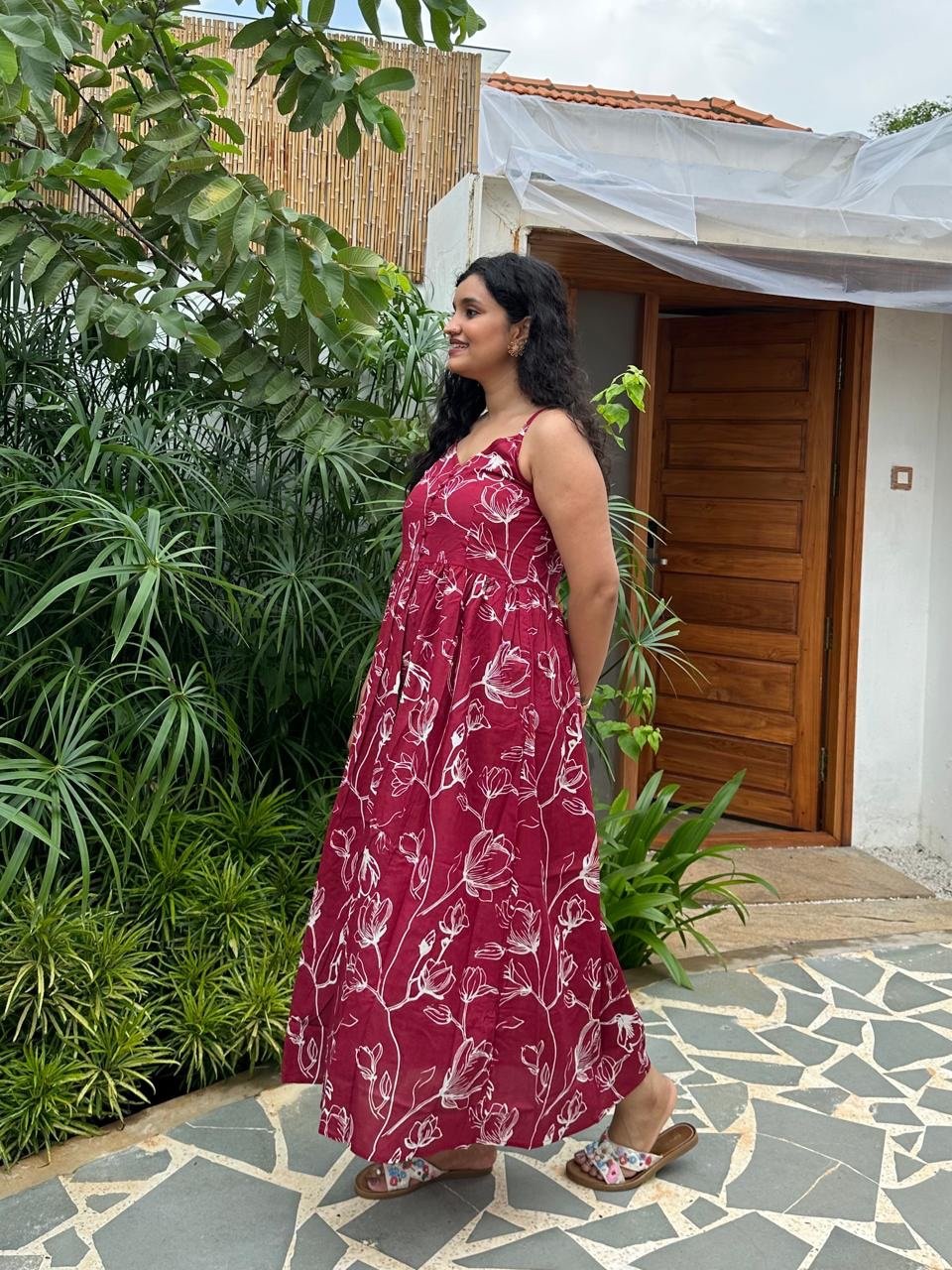 Noodle Strap Cotton Dress- Maroon Jaal