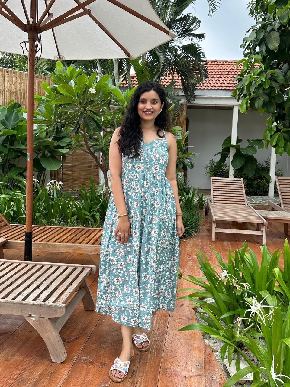 Noodle Strap Cotton Dress- Light Blue Floral