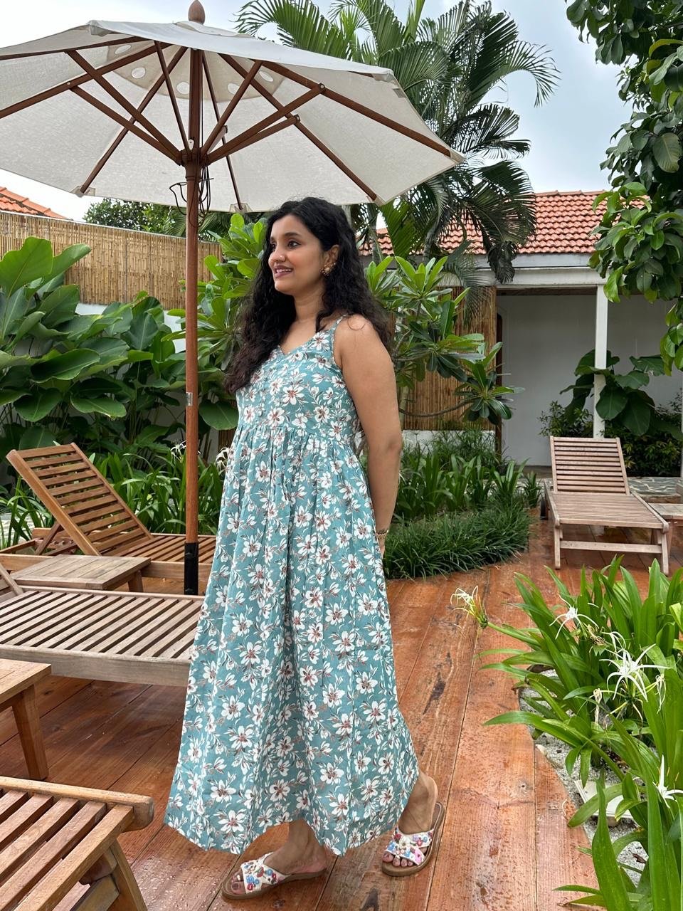 Noodle Strap Cotton Dress- Light Blue Floral