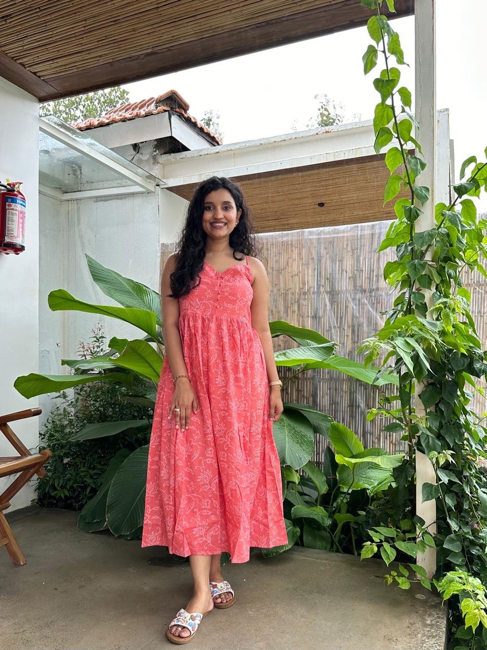 Noodle Strap Cotton Dress- Peach Florals