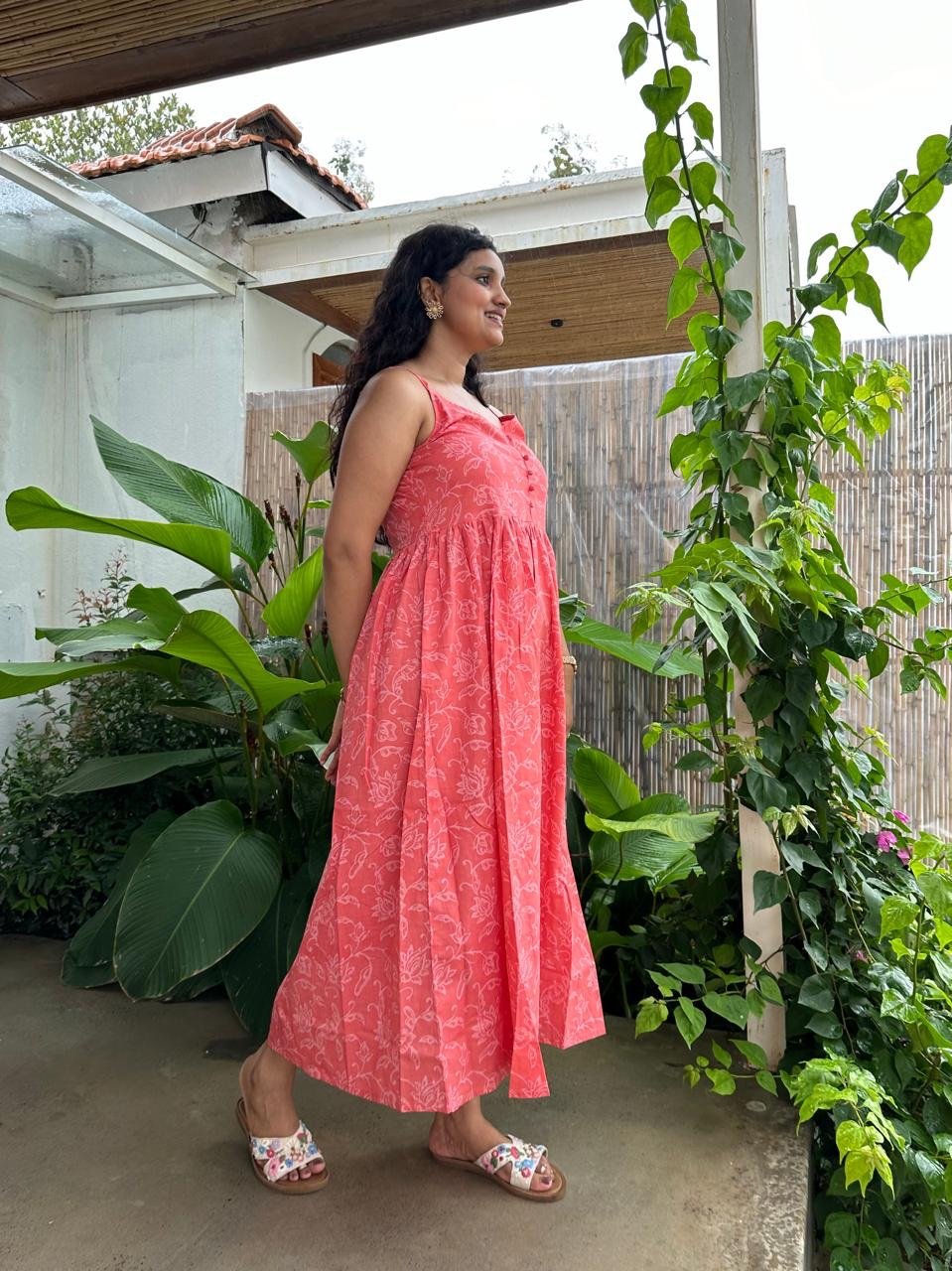 Noodle Strap Cotton Dress- Peach Florals