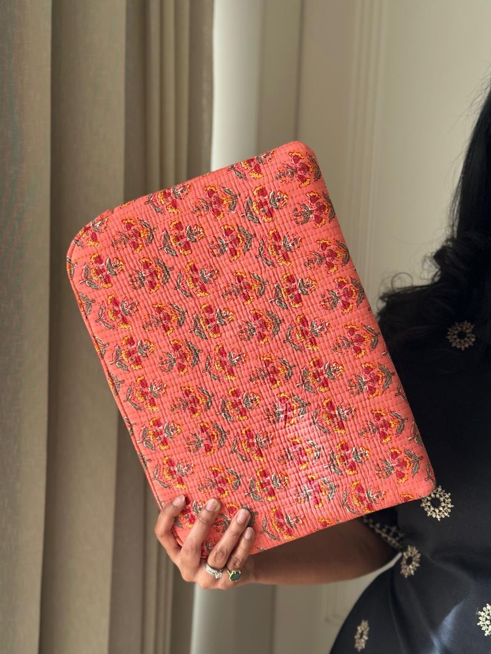 Quilted Laptop Sleeve- Peach Boota