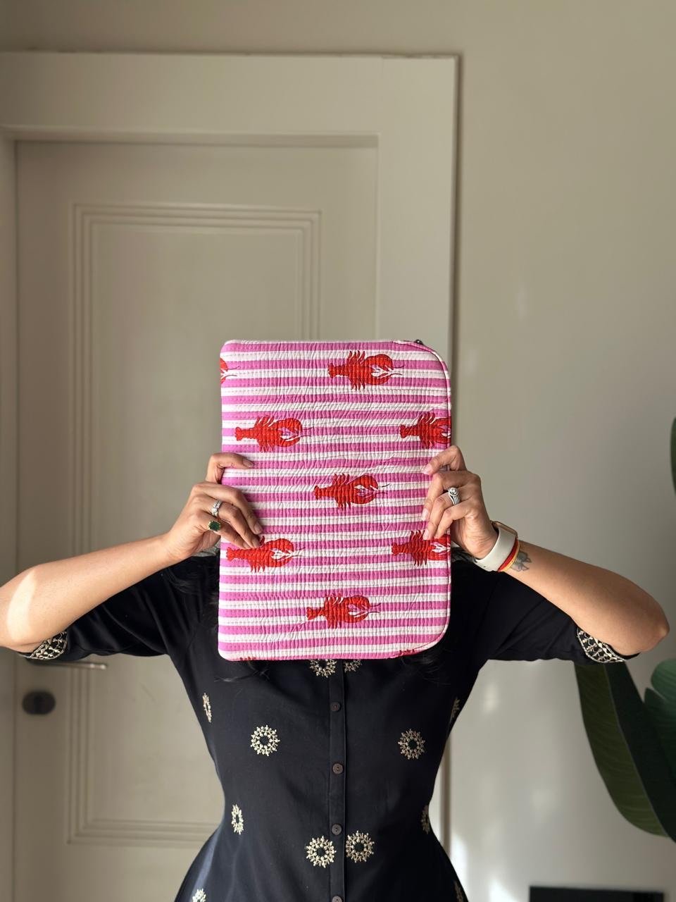 Quilted Laptop Sleeve- Pink Stripes
