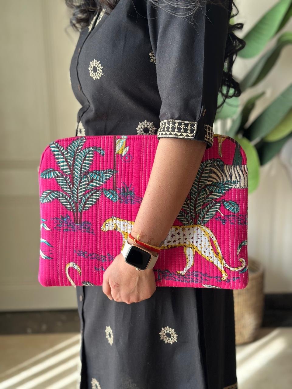 Quilted Laptop Sleeve- Pink Jungle