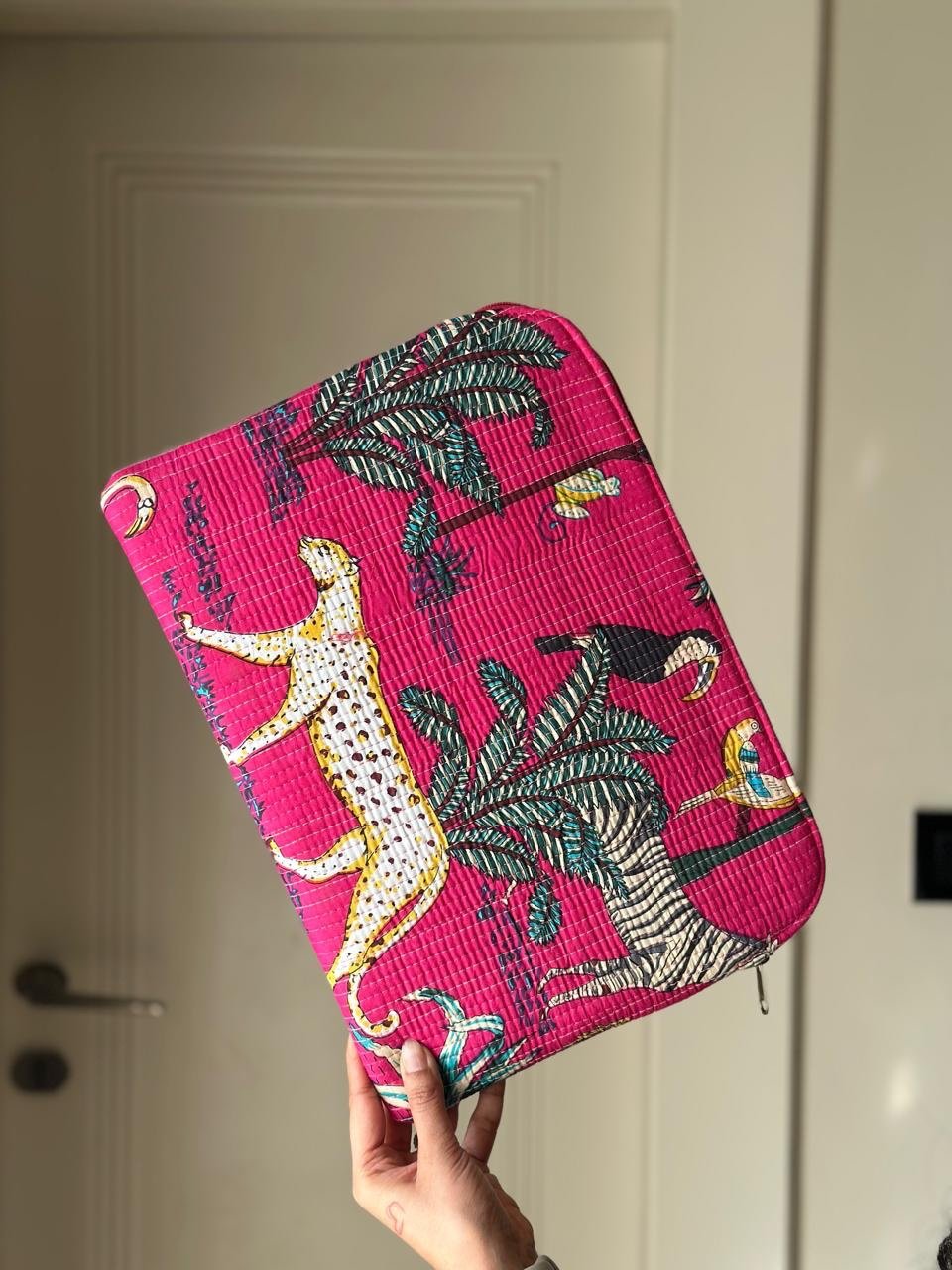Quilted Laptop Sleeve- Pink Jungle