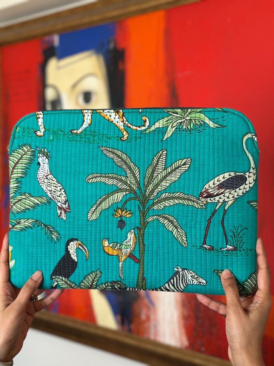 Quilted Laptop Sleeve- Green Jungle