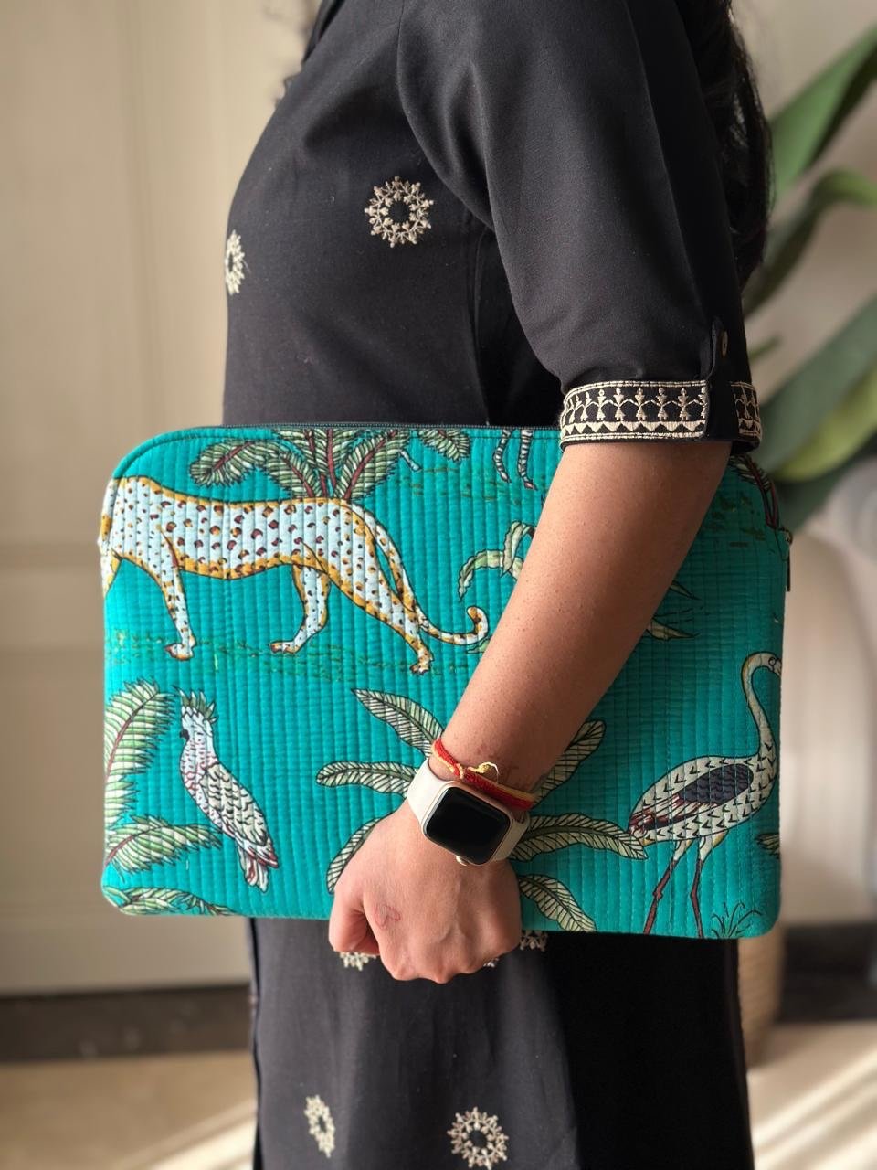 Quilted Laptop Sleeve- Green Jungle