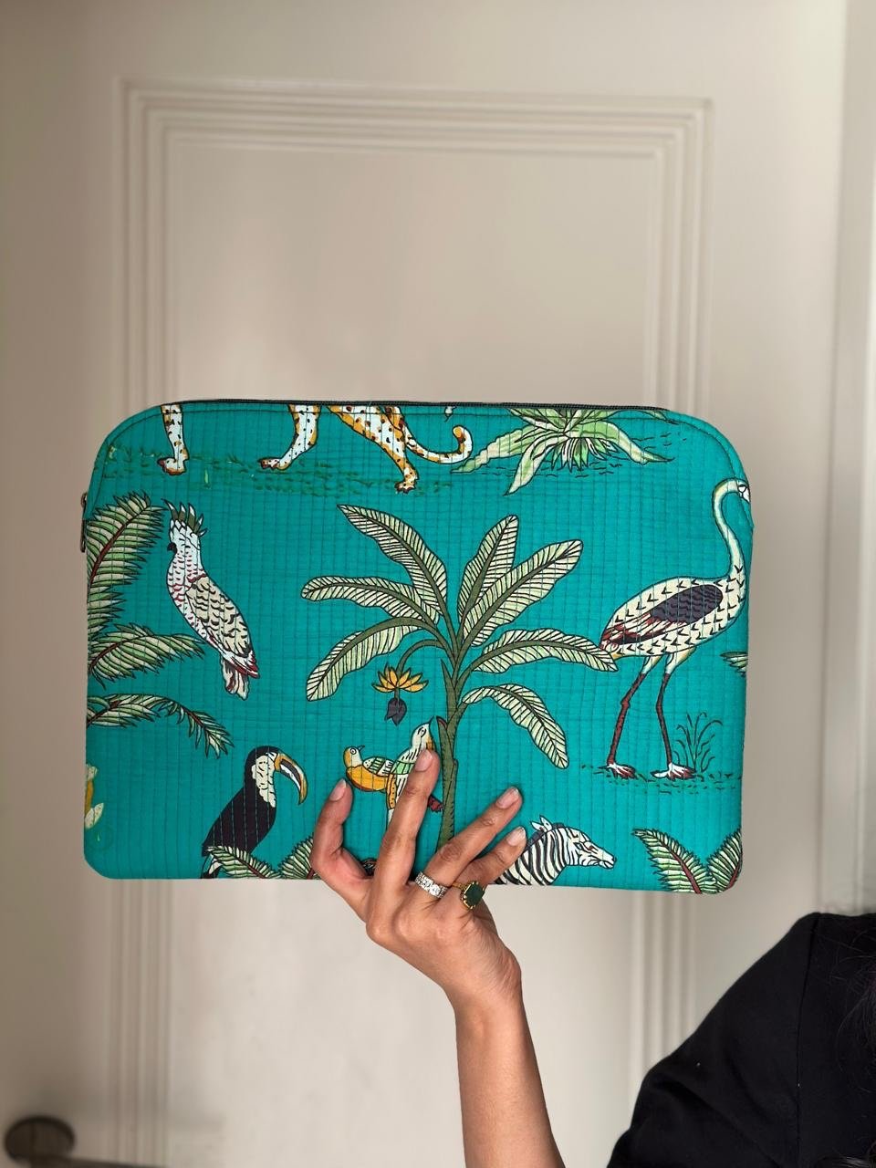 Quilted Laptop Sleeve- Green Jungle