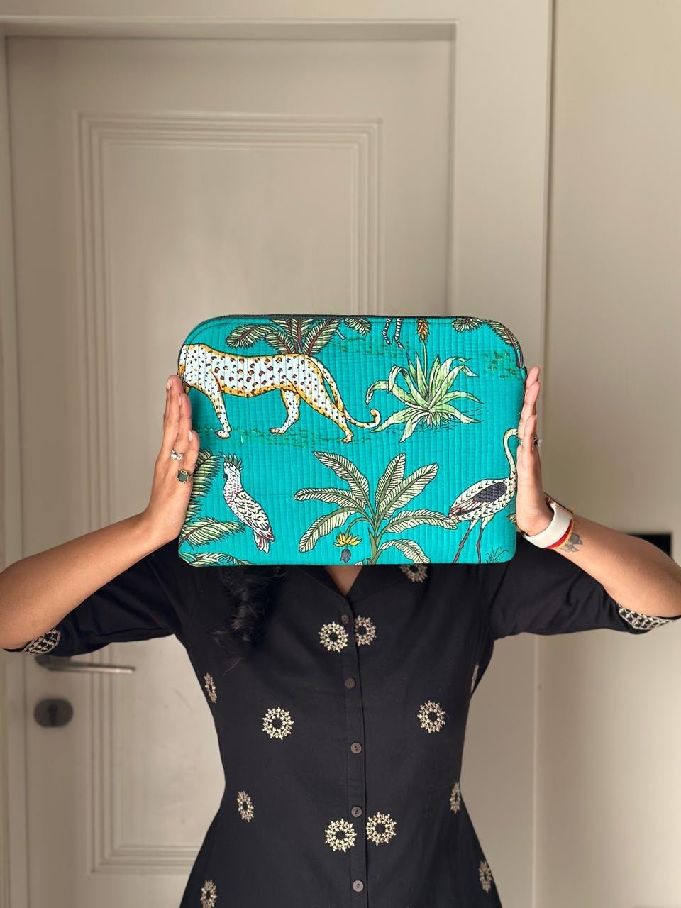 Quilted Laptop Sleeve- Green Jungle