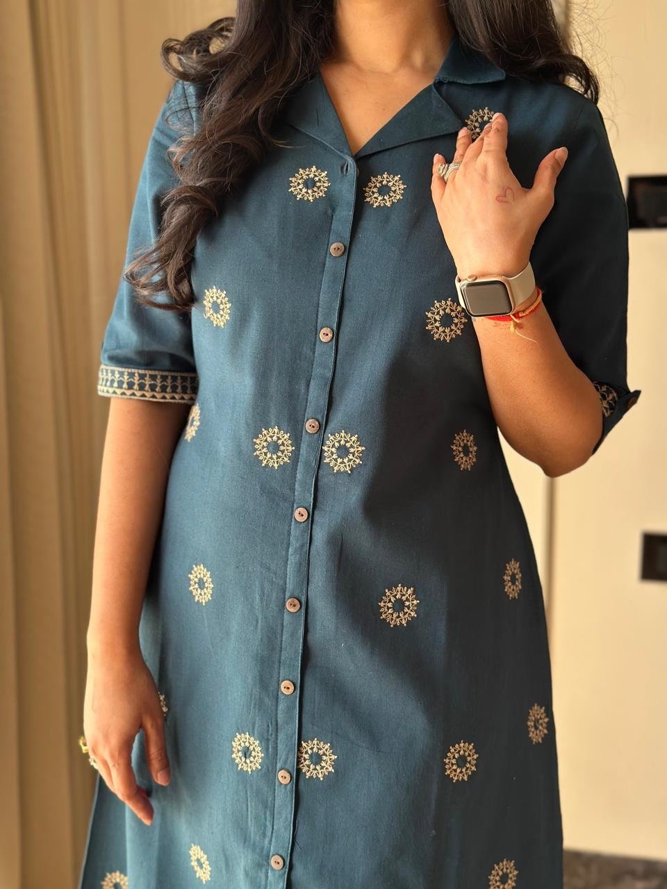 Ziva A-line Embroidered Dress- Teal Blue