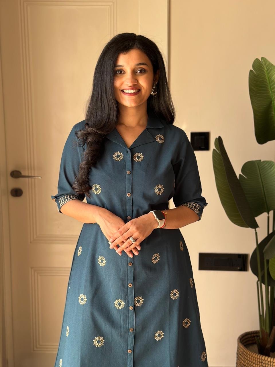 Ziva A-line Embroidered Dress- Teal Blue