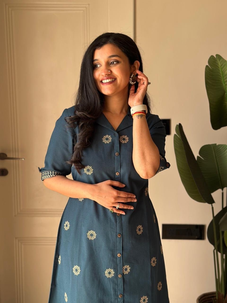 Ziva A-line Embroidered Dress- Teal Blue