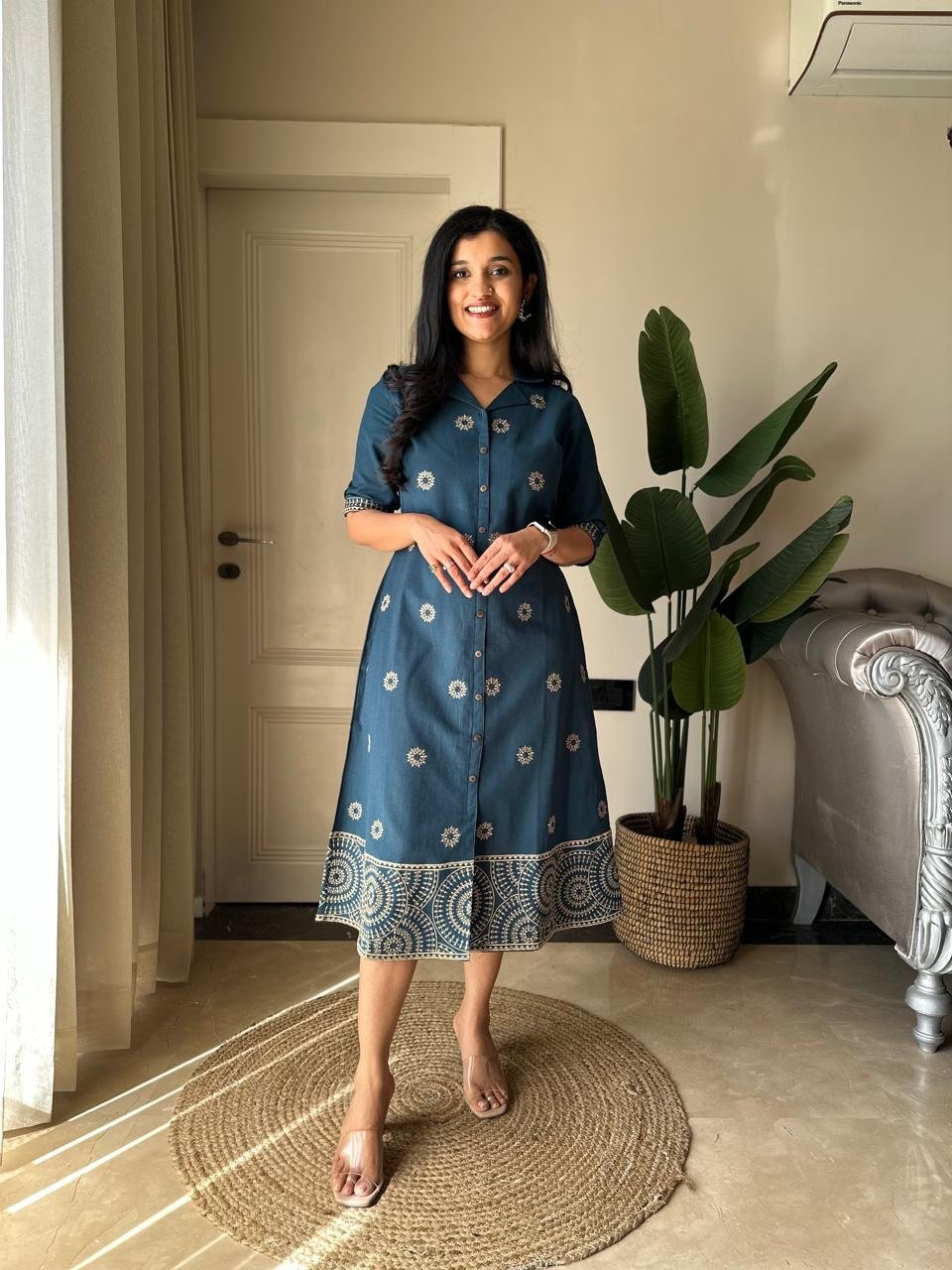 Ziva A-line Embroidered Dress- Teal Blue