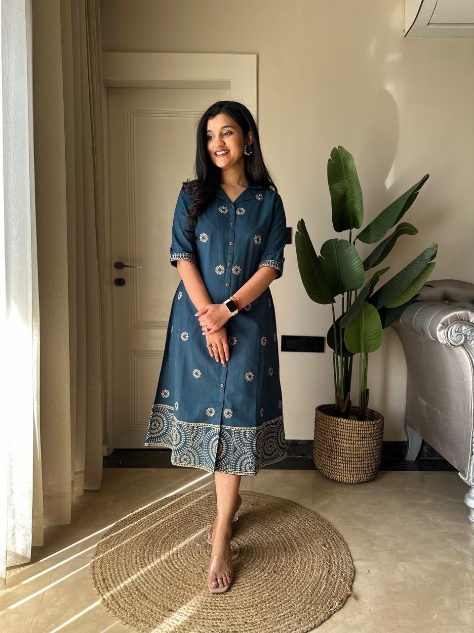 Ziva A-line Embroidered Dress- Teal Blue