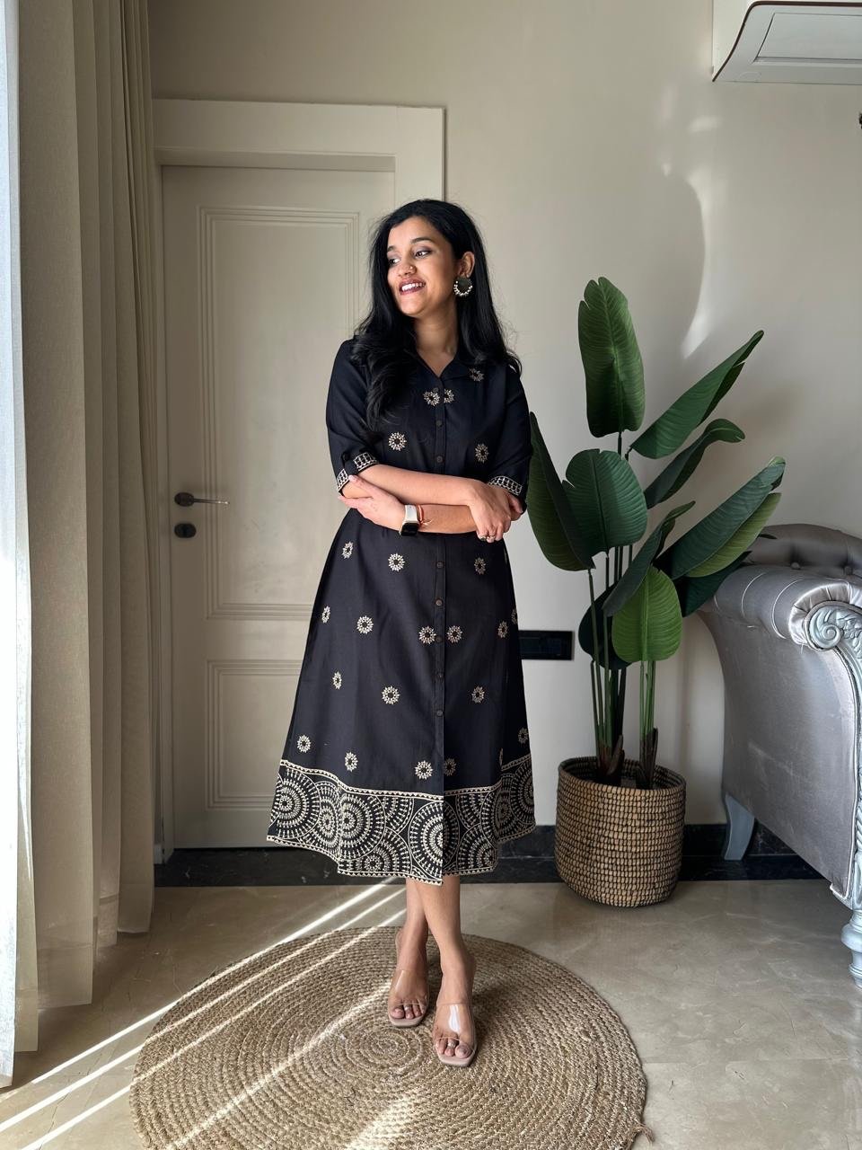 Ziva A-line Embroidered Dress- Black