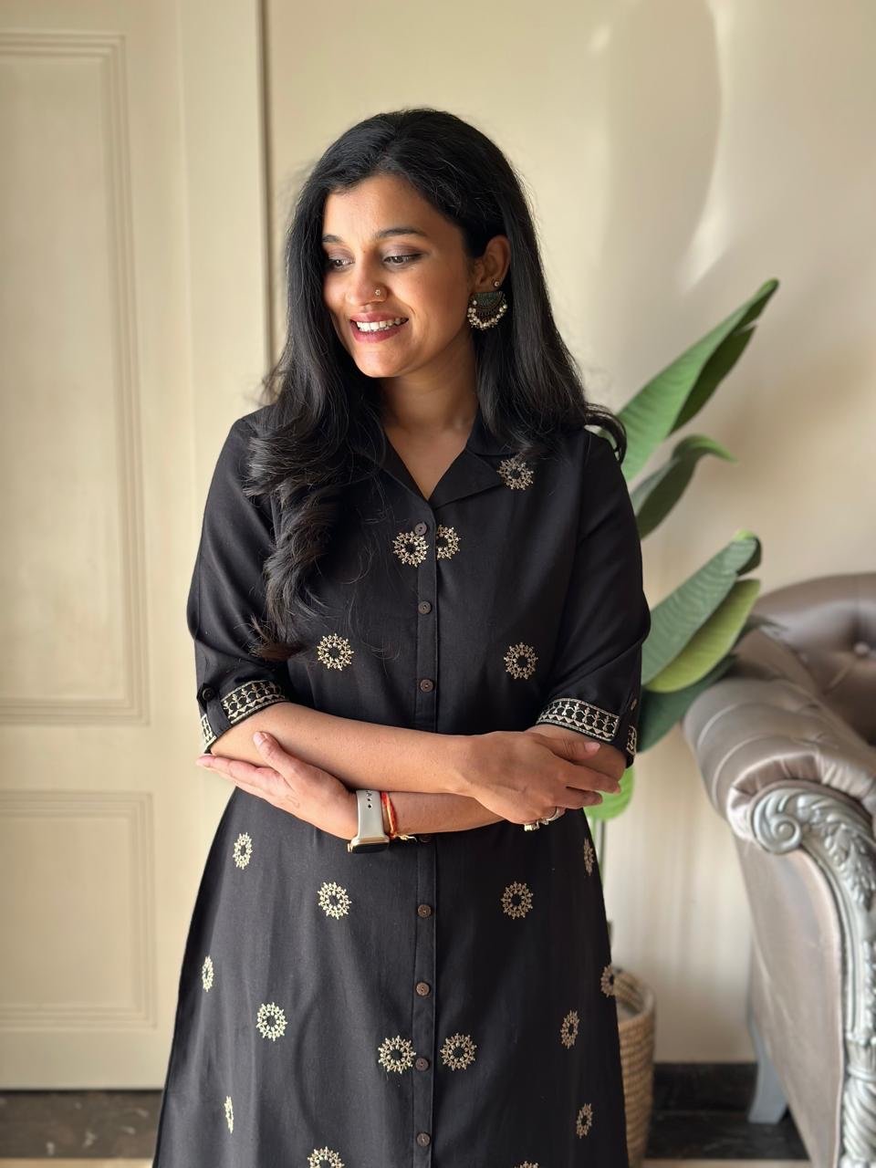 Ziva A-line Embroidered Dress- Black