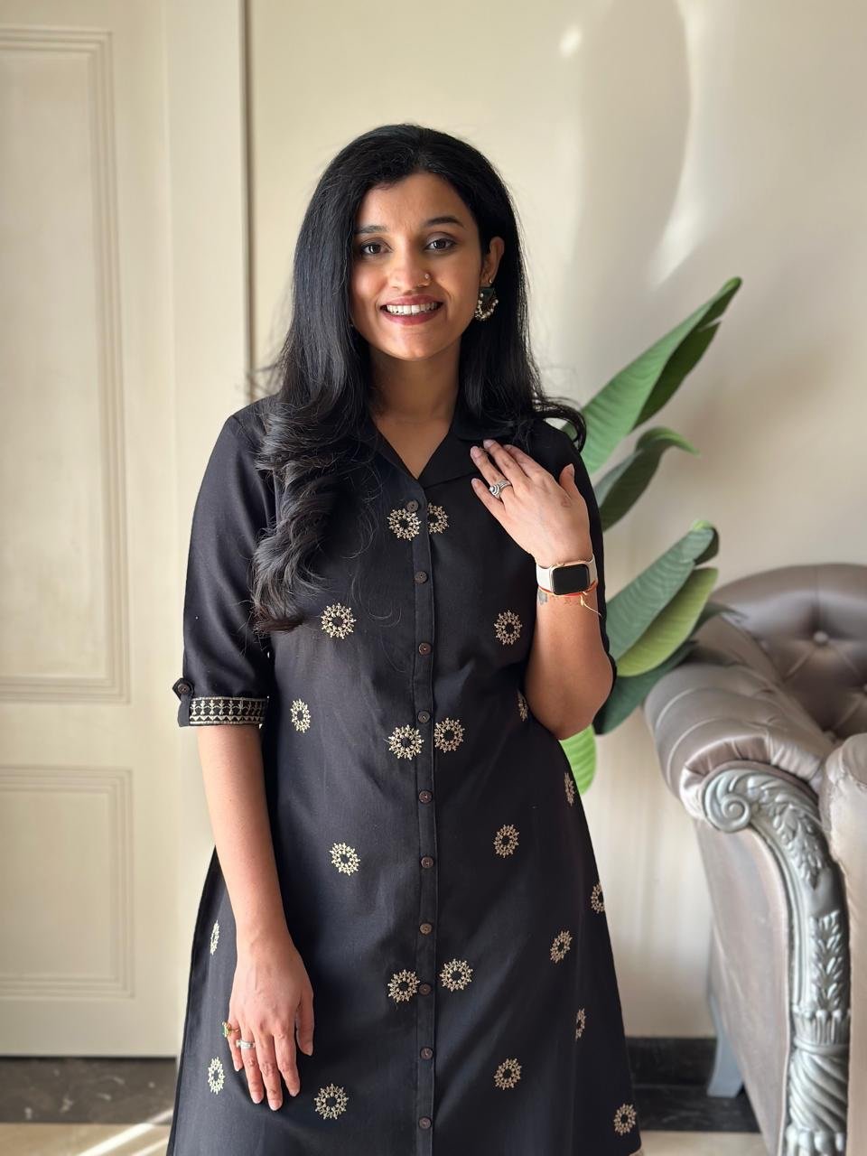 Ziva A-line Embroidered Dress- Black