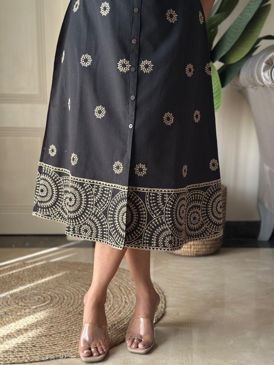 Ziva A-line Embroidered Dress- Black