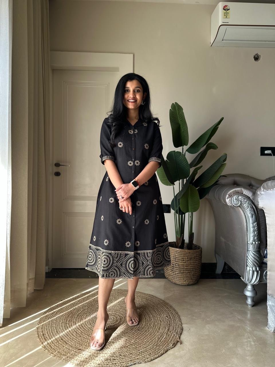 Ziva A-line Embroidered Dress- Black