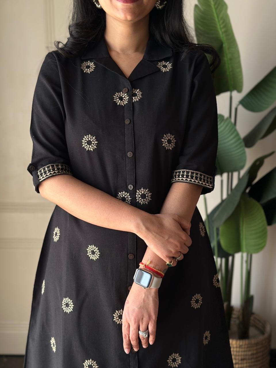 Ziva A-line Embroidered Dress- Black