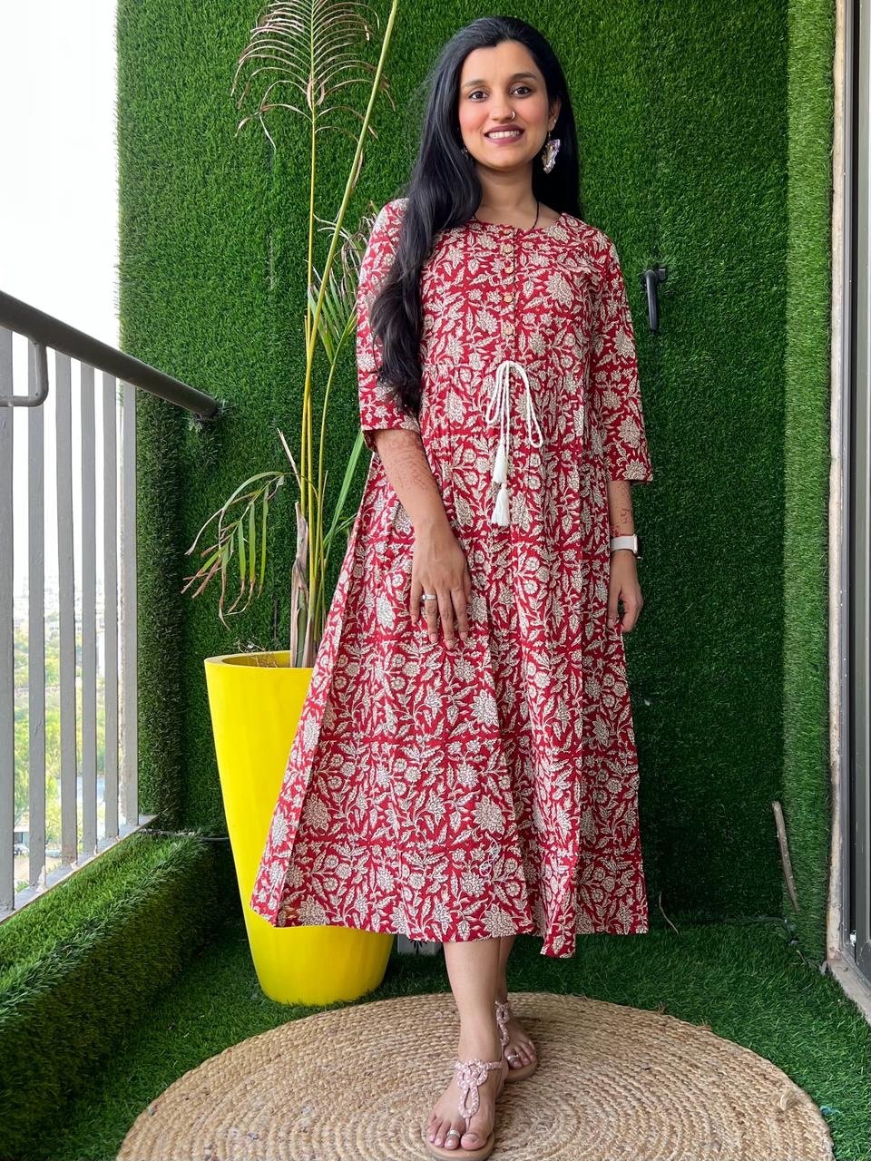 Cotton Midi Dress- Maroon Floral