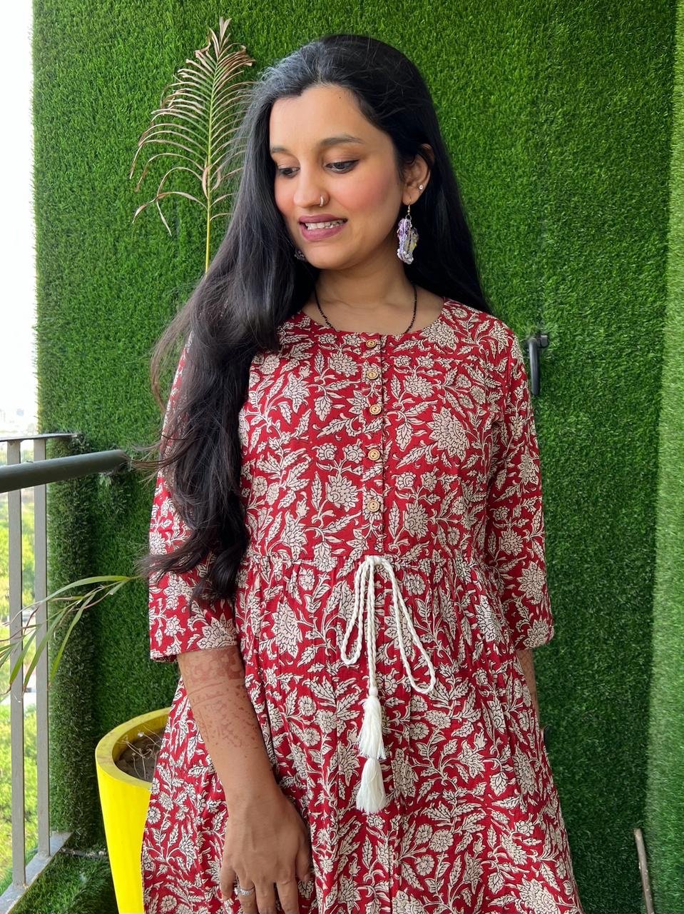 Cotton Midi Dress- Maroon Floral