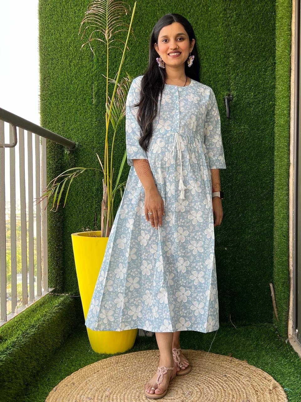 Cotton Midi Dress- Pastel Blue Floral