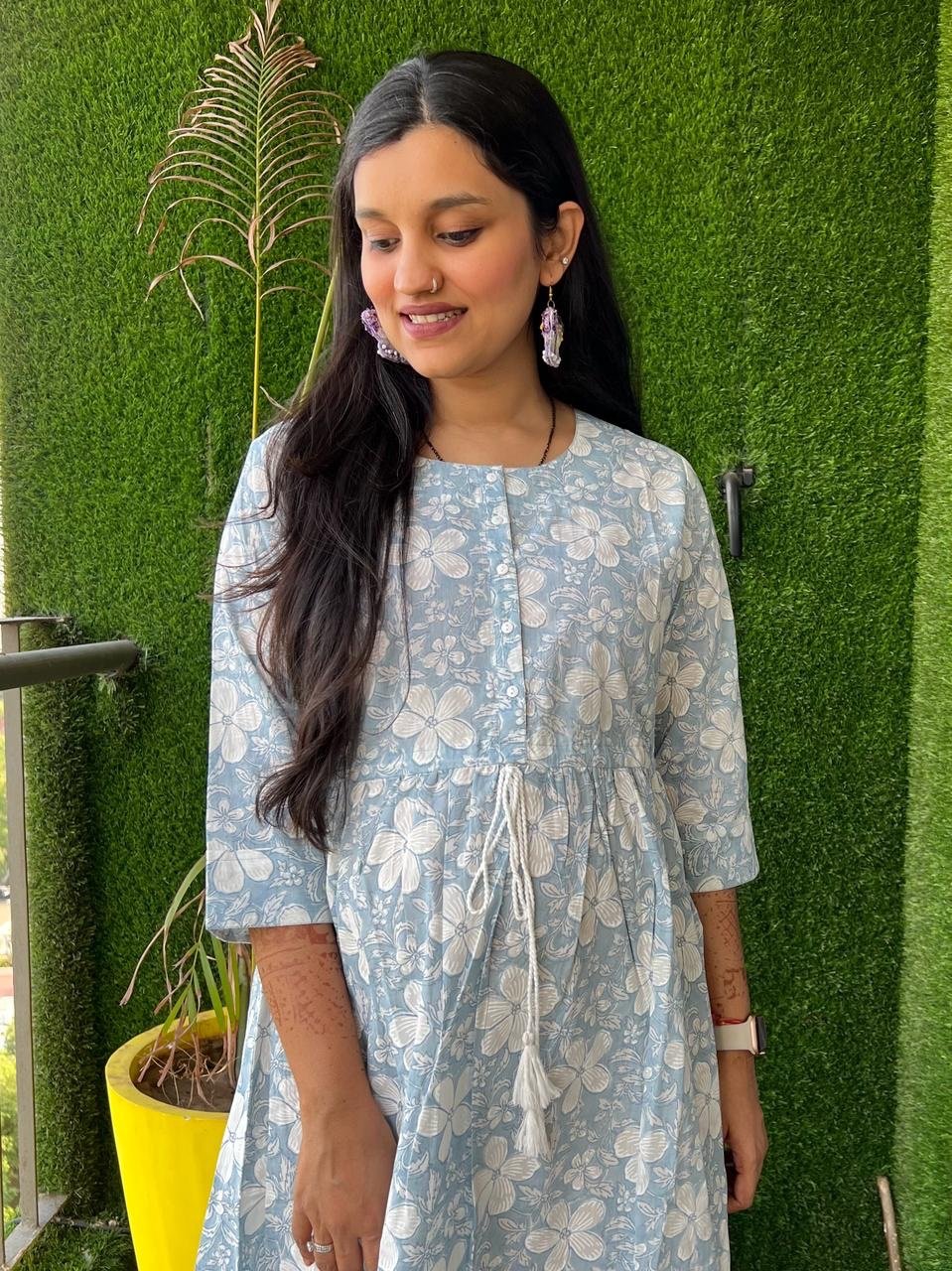 Cotton Midi Dress- Pastel Blue Floral