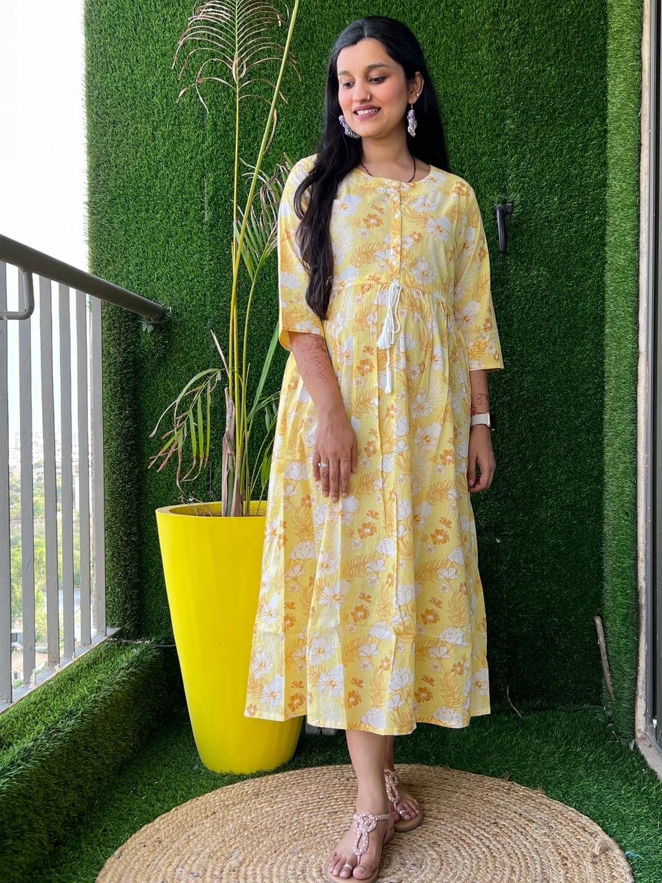 Cotton Midi Dress- Yellow Floral
