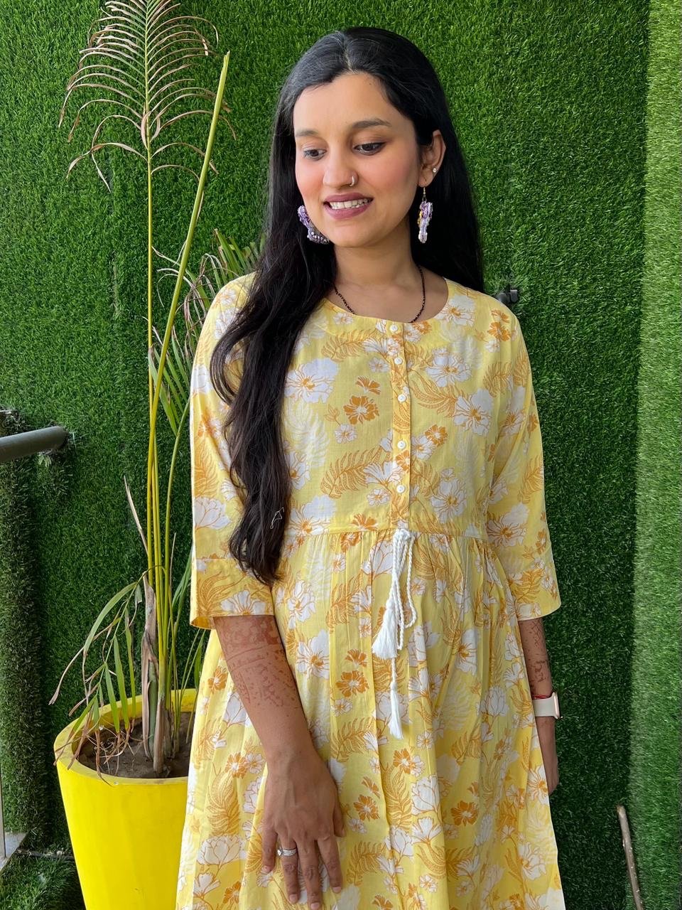 Cotton Midi Dress- Yellow Floral