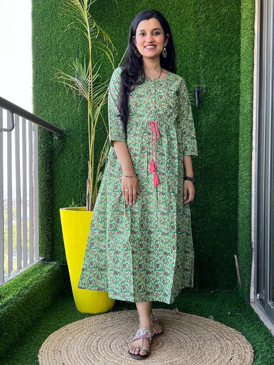Cotton Midi Dress- Green Boota Jaal